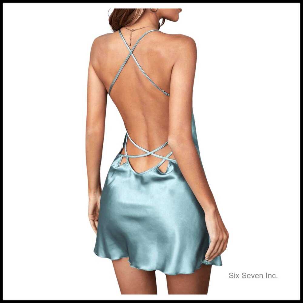 Satin Slip Dress Elegant Minimal Chic Backless Criss Cross Nightgown Lounge Wear
